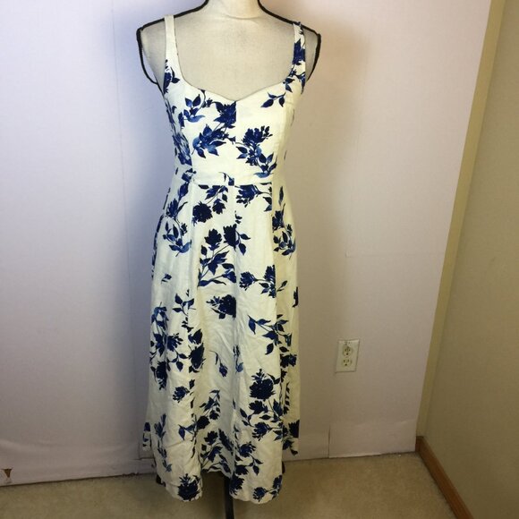 Old Navy Dresses & Skirts - Old Navy Fit & Flare Midi Dress Sz S Woman Blue Floral Linen Blend Notched Neck